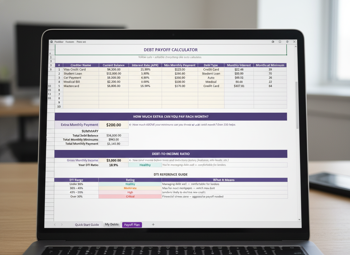 Debt Payoff Calculator — creditor balances, interest rates, and payoff comparison